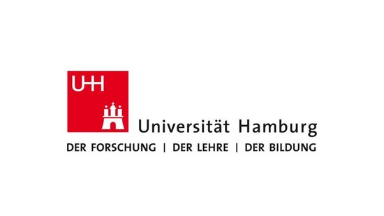 Das Logo Uni Hamburg: Ein rotes Quadrat mit weißer Inschrift und weißem Hamburg-Wappen.