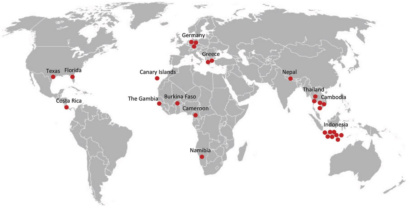 Reiseziele von Patienten mit Rickettsiose der Typhusgruppe, die im Nationalen Referenzzentrum diagnostiziert wurden: Eine Weltkarte auf der mit roten Punkten die Reiseziele von Patienten mit Rickettsiose der Typhusgruppe eingezeichnet wurden.