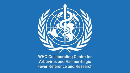 The WHO logo is shown on a blue background. An Asclepius staff in front of a world map with a wreath in white. Below, in white lettering, WHO Collaborating Centre for Arbovirus and Haemorrhagic Fever Reference and Research.