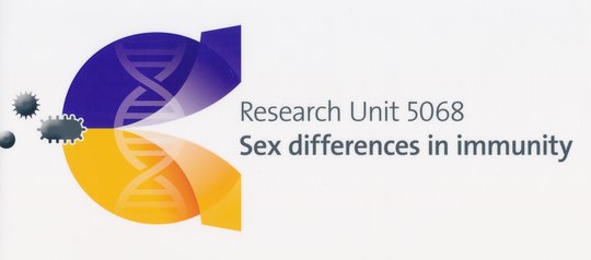 The picture shows the logo of the sexdifference in immunity research group. It is in the colours purple and yellow and contains cells and microorganisms, as well as a sphere from which two arrows point upwards and downwards