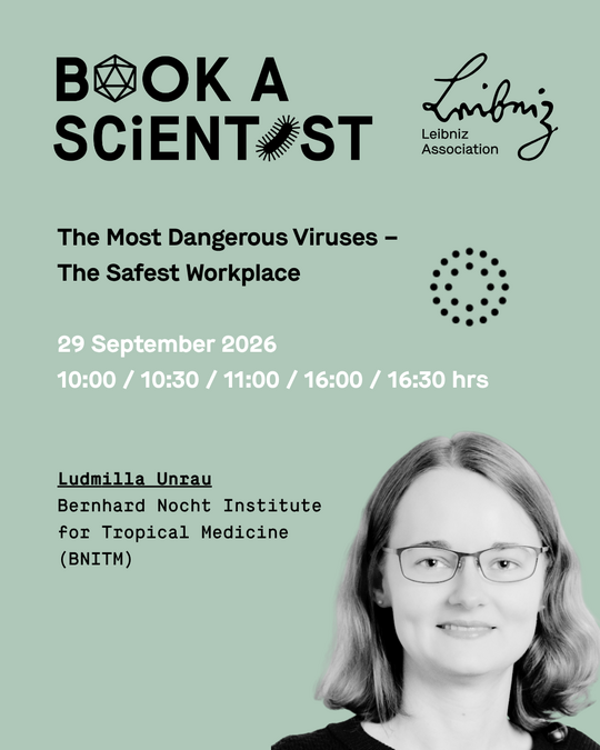 Dr. Ludmilla Unrau Greenish shareable image containing all the information and a photo of the young researcher Ludmilla Unrau. She is smiling warmly at the camera.
