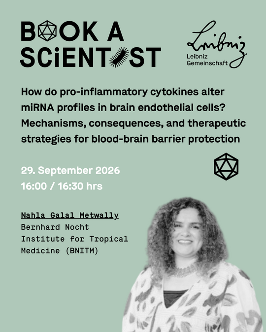 Dr. Nahal Metwally Grünliches Sharepic mt allen infos und einem Foto von Dr. Nahla Metwally. Sie trägt Locken und eine helle geblümte Bluse und lächelt freundlich in die Kamera.