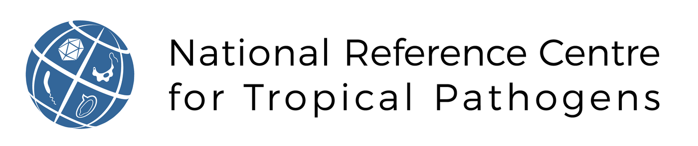 LOGO NRZ Blue globe with symbols in white. In addition, the name of the center in black letters around it: National Reference Center for Tropical Pathogens