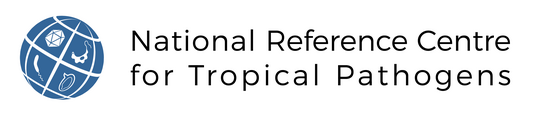 LOGO NRZ Blue globe with symbols in white. In addition, the name of the center in black letters around it: National Reference Center for Tropical Pathogens