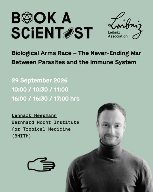 Dr. Lennart Heepmann Greenish shareable image containing all the details and a photo of up-and-coming researcher Lennart Heepmann (short hair, beard, turtleneck sweater). He is smiling warmly at the camera.