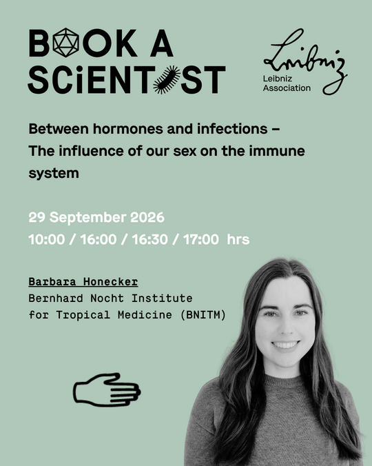 Dr. Barbara Honecker Greenish shareable image containing all the details and a photo of early-career researcher Barbara Honecker (long, straight, dark hair, turtleneck sweater). She is smiling warmly at the camera.