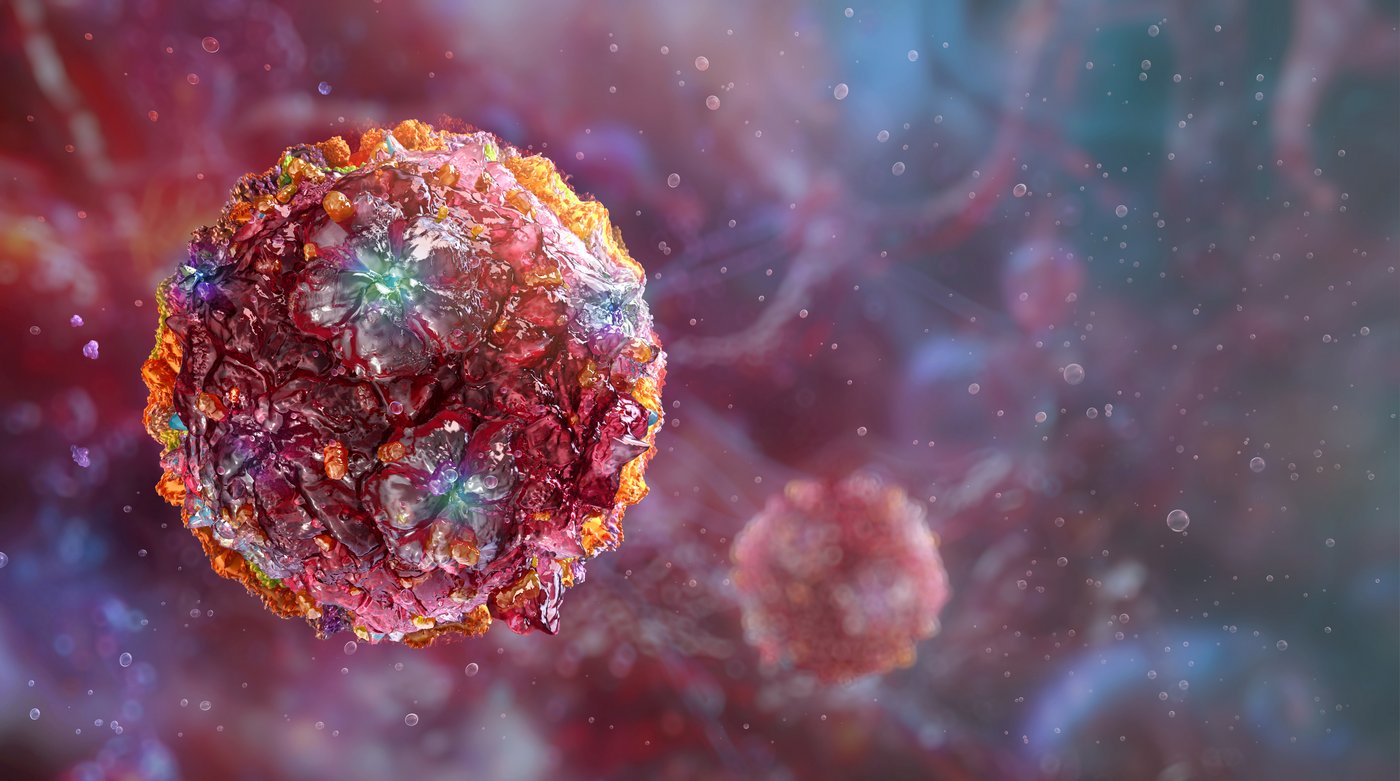 Chikungunya-Viruses Colourful graphic with round chikungunya virus