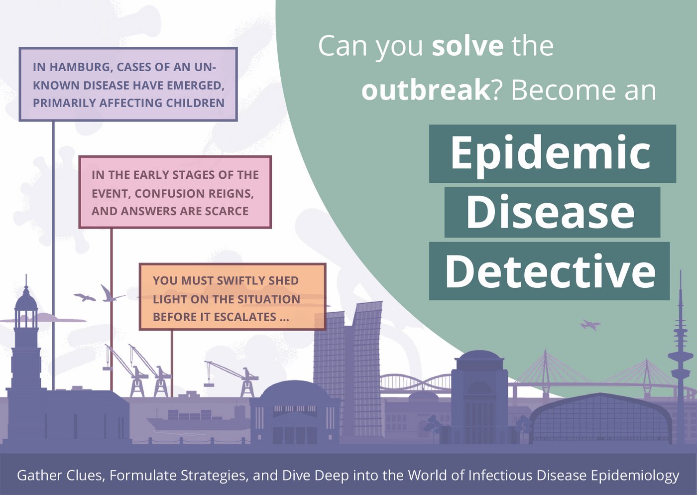 Informationskarte zum Lernspiel "Epidemic Disease Detectives". Abgebildet ist die Silhouette der Stadt Hamburg, in der ein mysteriöser Infektionsausbruch aufgetreten ist.