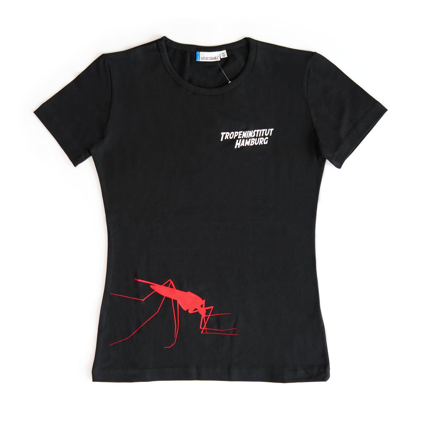 The image shows a black T-shirt with a red mosquito print.