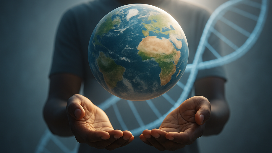 Two open hands hold a floating Earth globe in front of a blurred torso with a large DNA double helix in the background