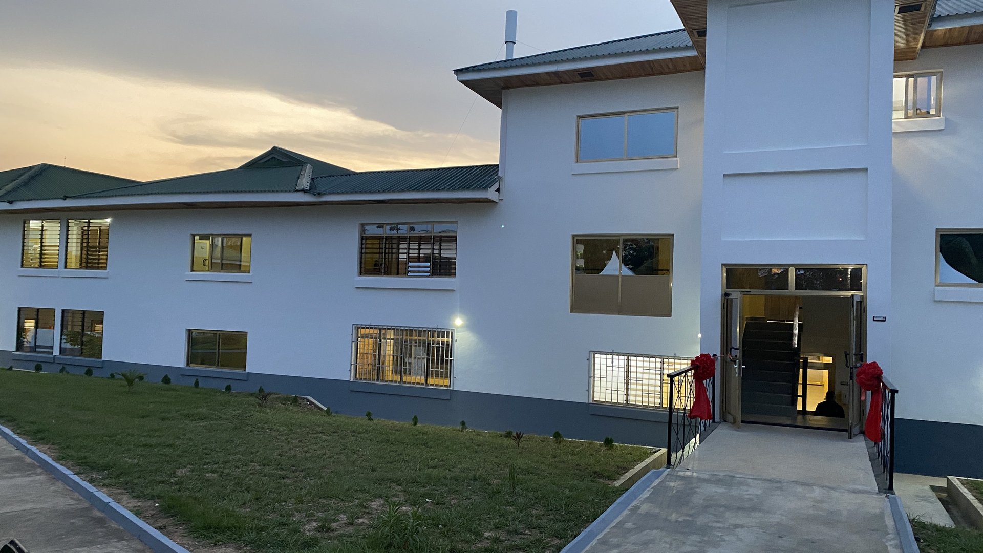 Photo of the new KCCR building at dusk