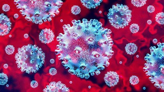 Colourful graphic: reddish viruses