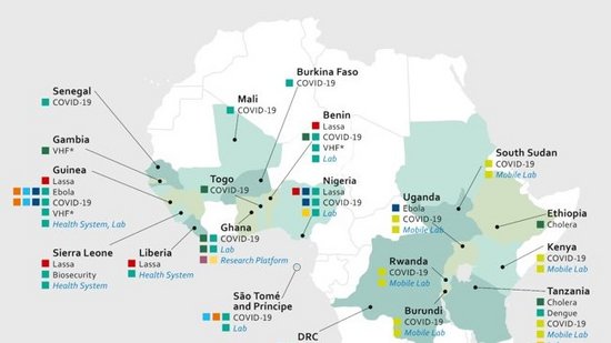 Einsatzgebiet von mobilen Laboren und Health System in Afrika. Zu sehen ist eine Umrisskarte von Afrika. Unterschiedliche Gebiete sind farbig markiert, in denen beispielsweise mobile Labore ode Health systems zum Einsatz gekommen sind, um bei Ebola, Lassa oder Covid-19 zu unterstützen.