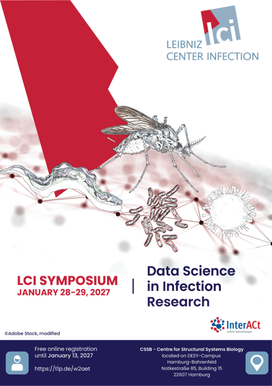 Flyer LCI Symposium 2027 The flyer shows the key visual of the LCI symposium 2027 showing at the bottom connected dots, on top of the dots sits a mosquito, a virus, mycobatria and a worm parasite.