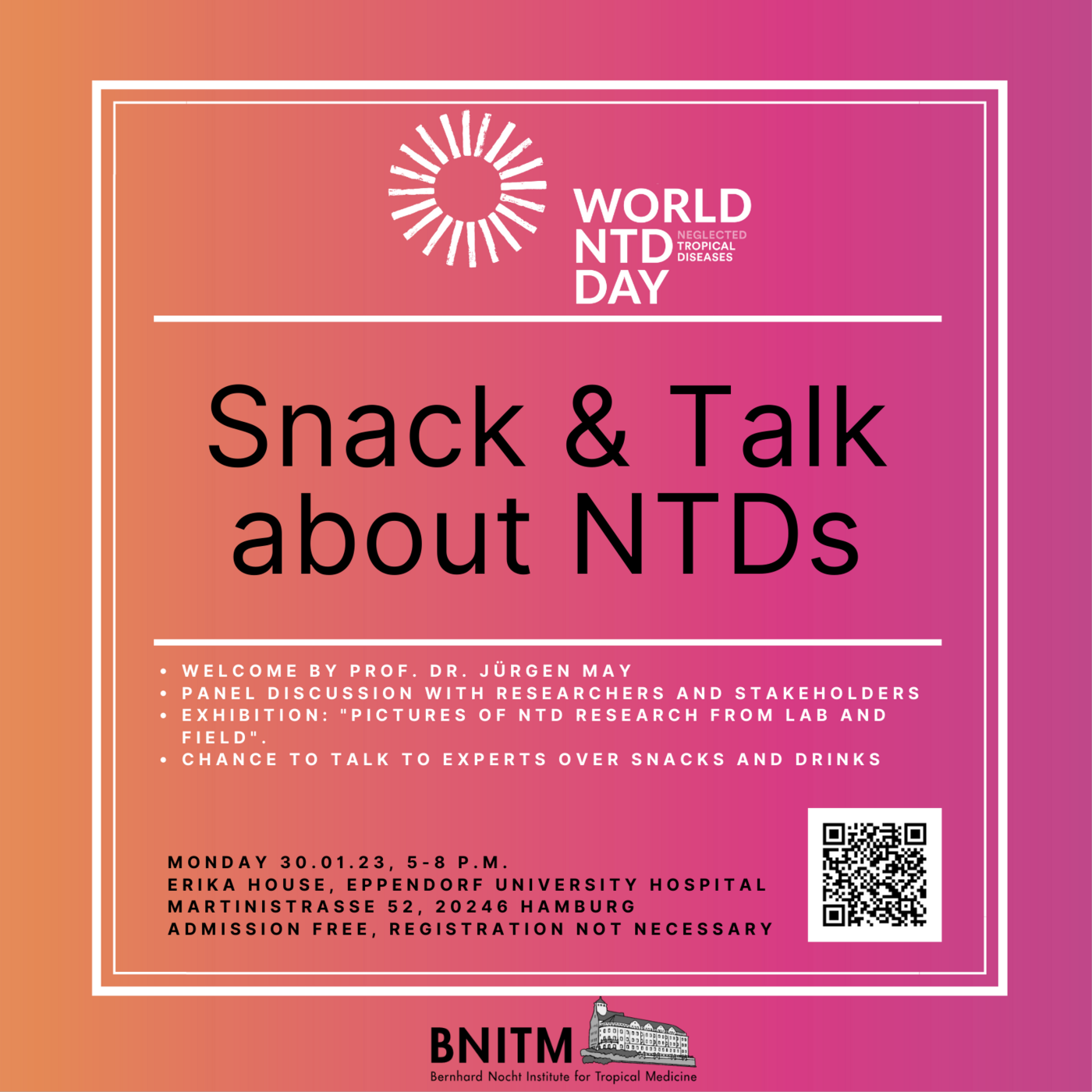 The orange-pink tile invites you to the event "Snack & Talk about NTDs" on 30 January 2023 at 5 pm at the Erika Haus of the University Medical Center Hamburg-Eppendorf.