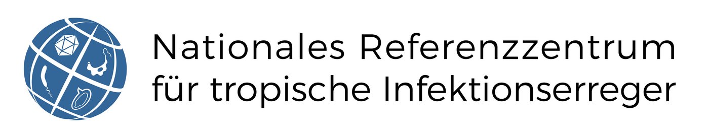 LOGO NRZ Blaue Weltkugel mit Symbolen in Weiß. Daneben die Bezeichnung des Zentrums in schwarzer Schrift: Nationales Referenzzentrum für tropische Infektionserreger