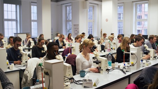 Students looking through microscopes