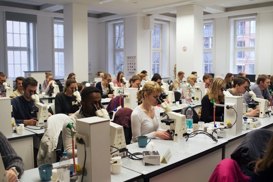 Students looking through microscopes