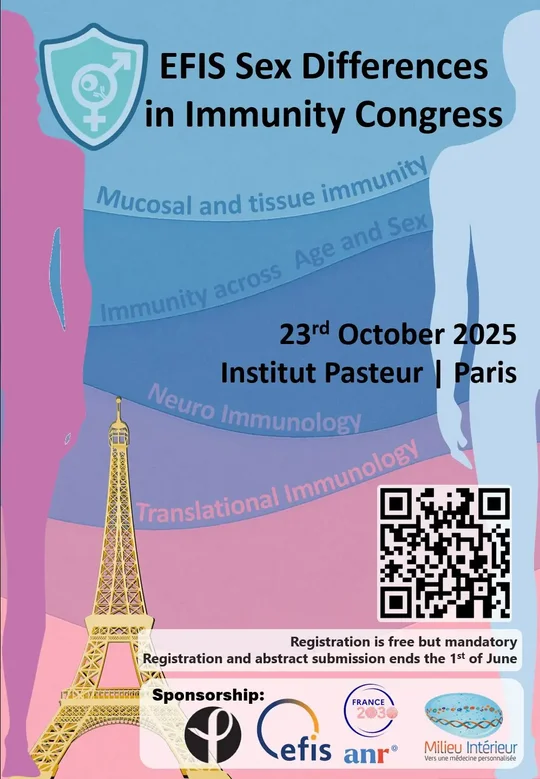 This image shows the official poster for the Sex Difference in Immunity Congress in Paris. The poster is designed in shades of blue and pink. The Eiffel Tower is also depicted in gold.