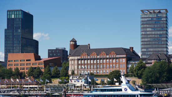 The institute buildings in Hamburg harbour against a blue sky