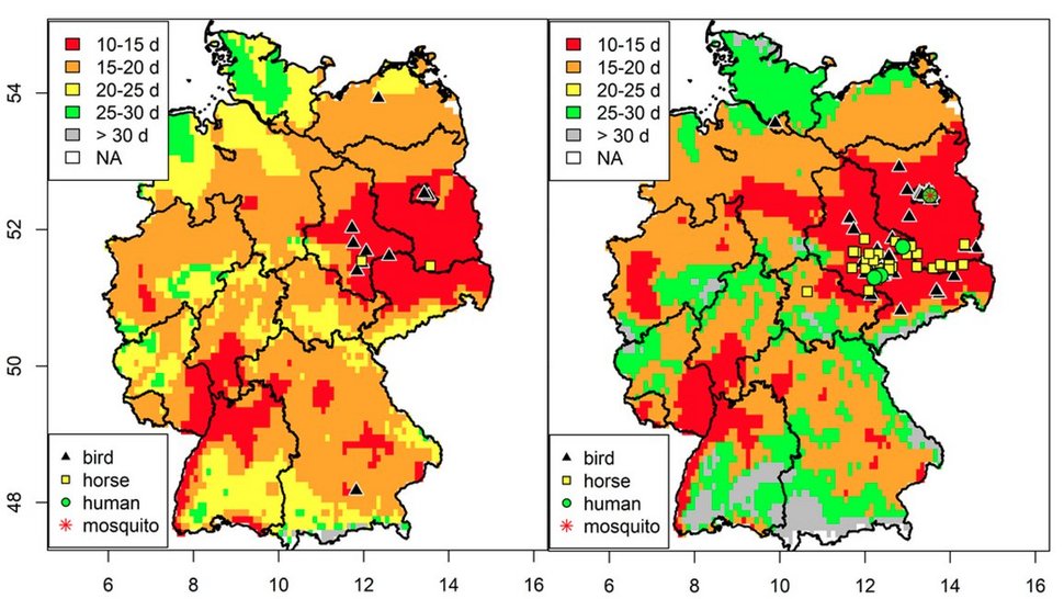 Figure 1. Spatial risk of West Nile virus (WNV) transmission in Germany. Average extrinsic incubation period between 15th July to 14th August 2018/2019 and distribution of WNV-positive birds, horses, humans and mosquitoes.