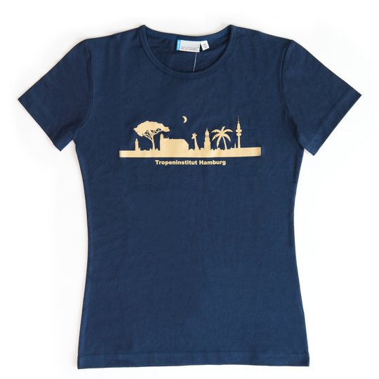 Print "Skyline Hamburg", colour: blue - Design: Barbara Ferrando The image shows a blue T-Shirt with a print.