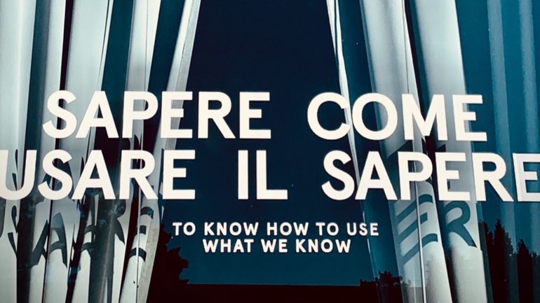 Image from an art installation at La Biennale di Venezia 2021. It shows a window with the words "to know how to use what we know"