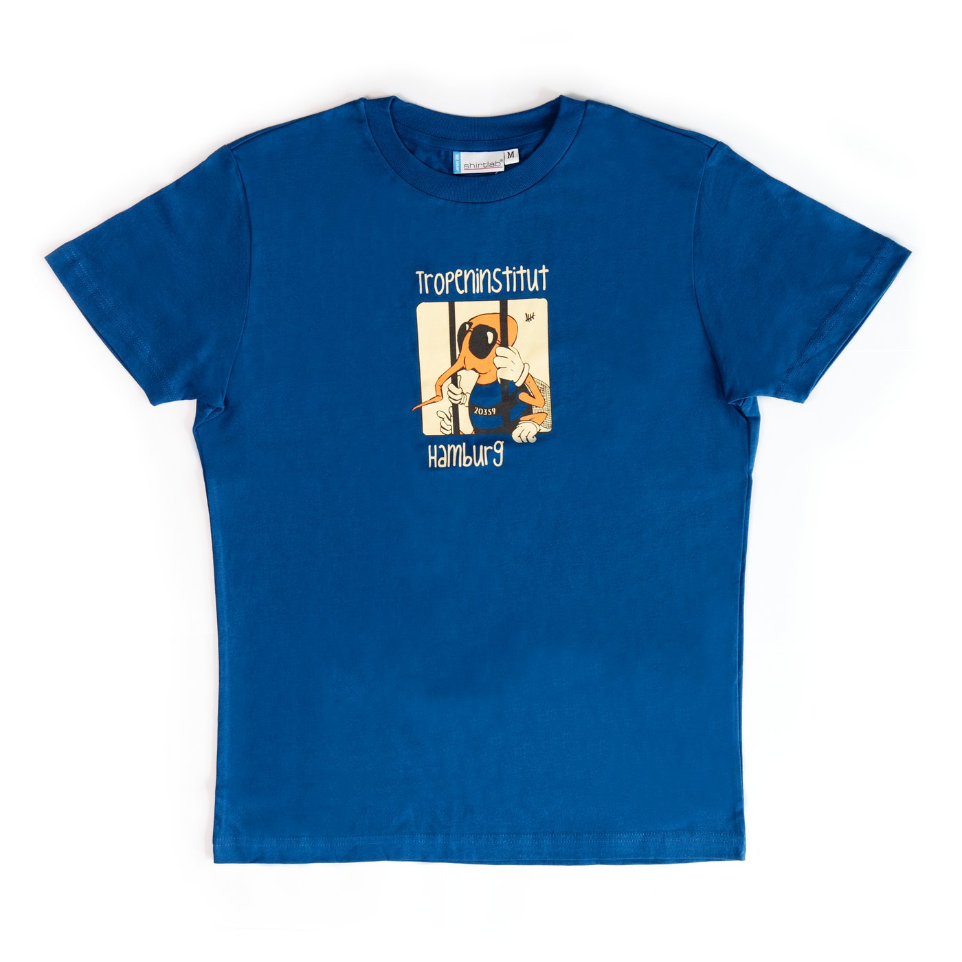 The image shows a blue T-shirt with a jail mosquito print.