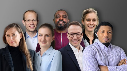 Auf der Fotocollage sind sieben Personen zu sehen, vier in einer vorderen Reihe, drei in einer hinteren.