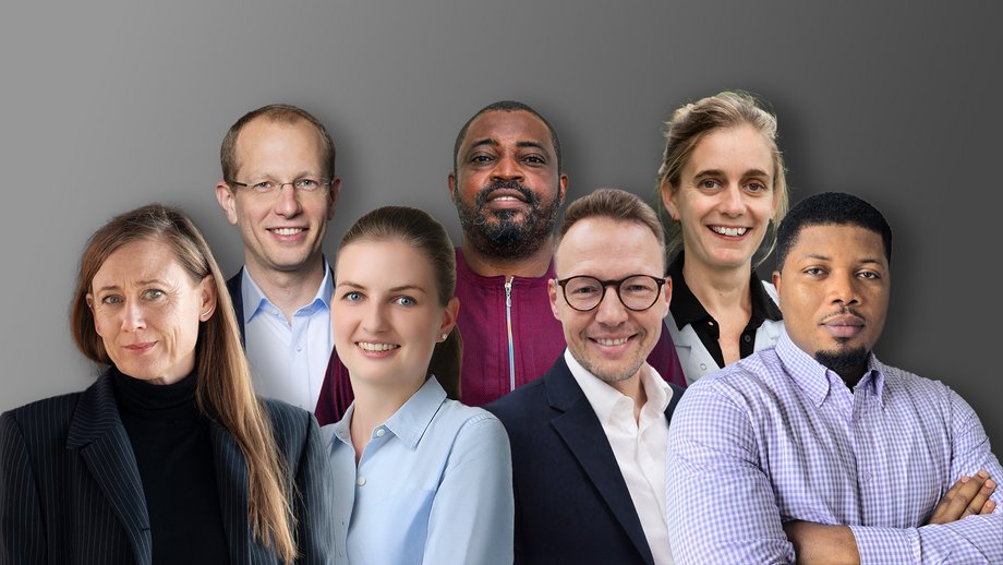 Auf der Fotocollage sind sieben Personen zu sehen, vier in einer vorderen Reihe, drei in einer hinteren.
