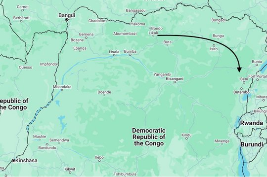 Eine geografische Karte zeigt, wo in der DRC die Regionen Likati sowie Ituri und Nord-Kivu liegen.