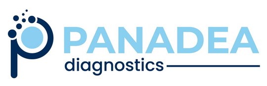Panadea logo Das Logo von Panadea Diagnostics, ein hell-dunkelblauer Schriftzug auf weißem Grund. Der Kreis des P hat oben links mehrere kleine dunkelblaue Bläschen als Zeichen für Labortätigkeiten.