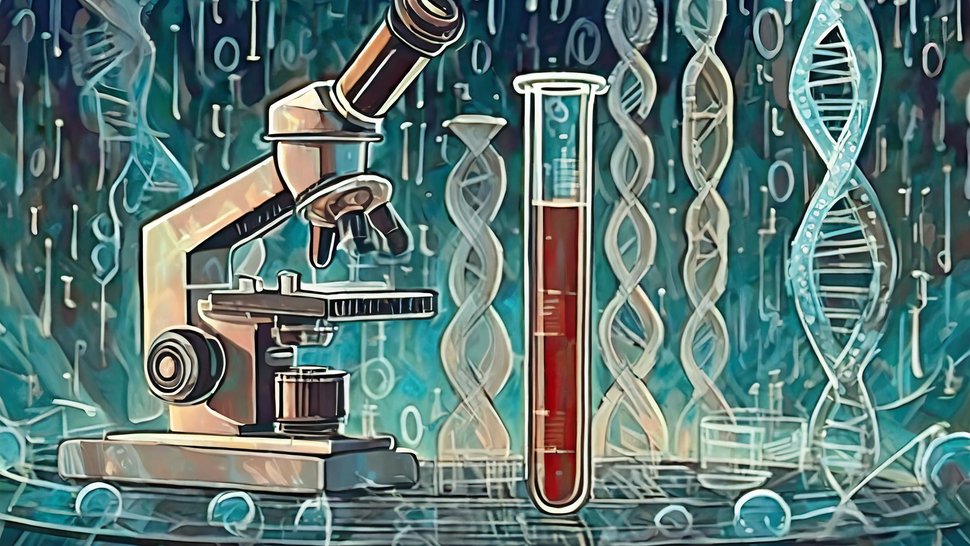 Greenish graphic that visualises the topic of "AI in biology and medicine". It shows a microscope, a filled test tube and, in the background, DNA strands and binary codes with ones and zeros.