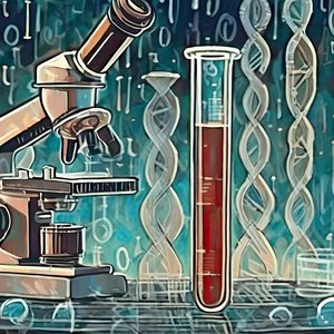Grünliche Grafik, die das Thema "KI in Biologie und Medizin" visualisiert. Sie zeigt ein Mikroskop, ein gefülltes Reagenzglas und im Hintergrund DNA-Stränge sowie Binärcodes mit Einsen und Nullen