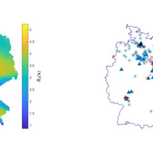 Two maps of Germany demonstrating the basic reproductive number compared to observed data