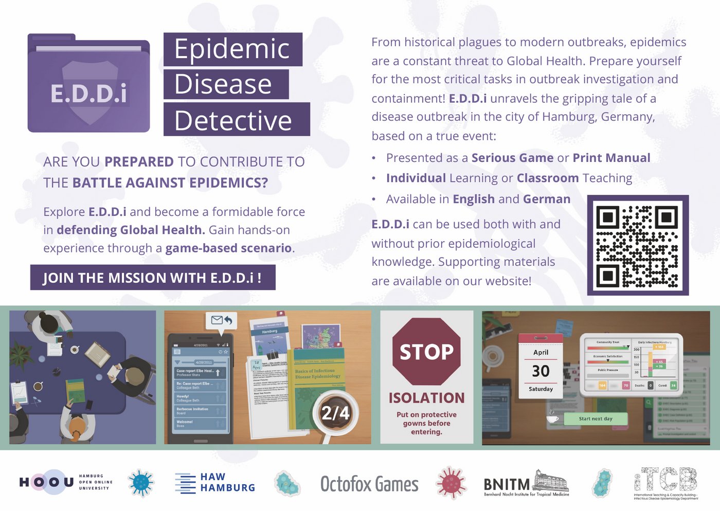 Information sheet on the game-based educational resource "Epidemic Disease Detective". It shows pictures from the learning materials (e.g. desk, group work, epidemiological statistics) and main characteristics of the educational resource.