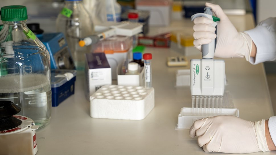 Das Foto zeigt eine Forscherin im Labor beim Pipettieren.