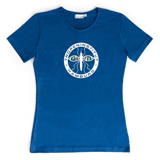 Print with a mosquito", colour: blue - Design: Claudia and Robert Marggraff The image shows a blue T-shirt with a mosquito print.