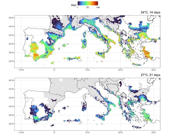 Klimadaten und aktuellen Verbreitungskarten von Aedes albopictus Bunte Grafik: Karte von Europa mit den Klimadaten und aktuellen Verbreitungskarten von Aedes albopictus