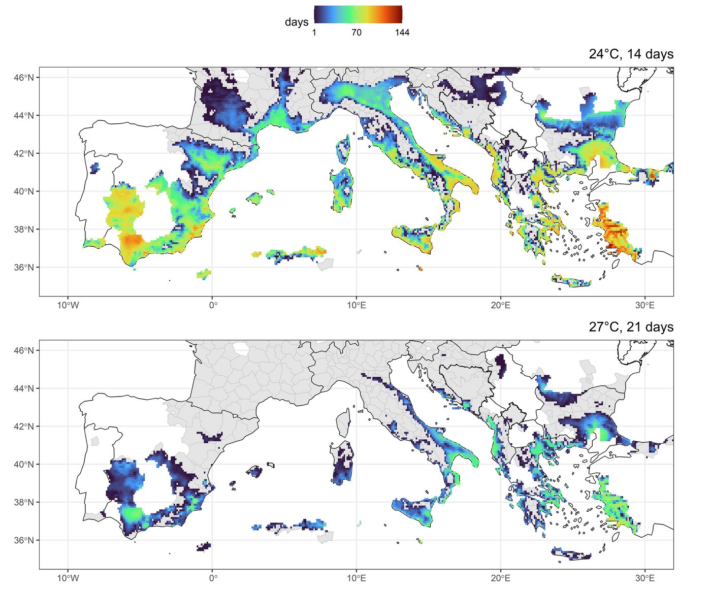 Klimadaten und aktuellen Verbreitungskarten von Aedes albopictus Bunte Grafik: Karte von Europa mit den Klimadaten und aktuellen Verbreitungskarten von Aedes albopictus