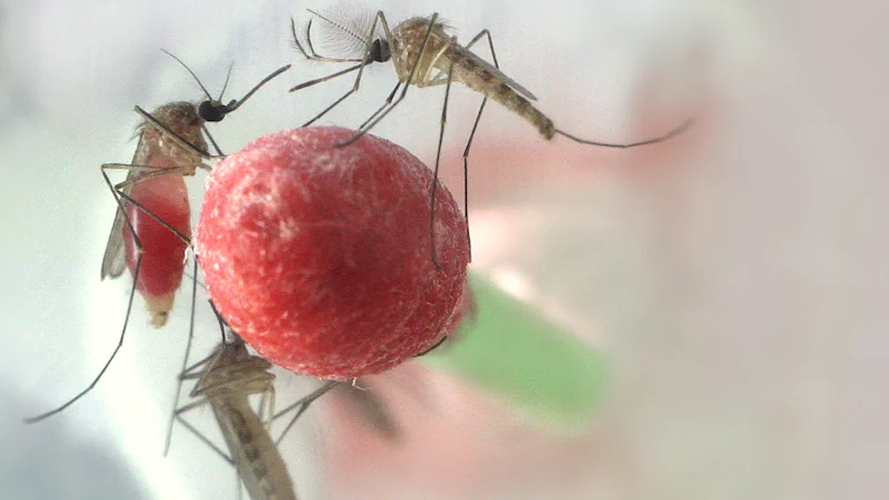 Culex-Stechmücken bei der Blutmahlzeit Man sieht in der Mitte ein mit roter Flüssigkeit getränktes Wattestäbchen. Auf diesem sitzen mehrere Mücken sowohl Männchen als auch Weibchen und saugen daran. Im Hintergrund ist eine weitere Mücke zu erkennen.