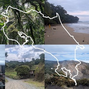 Fotocollage mit costa-ricanischen Landschaften: Regenwald, offene Wälder, Strände