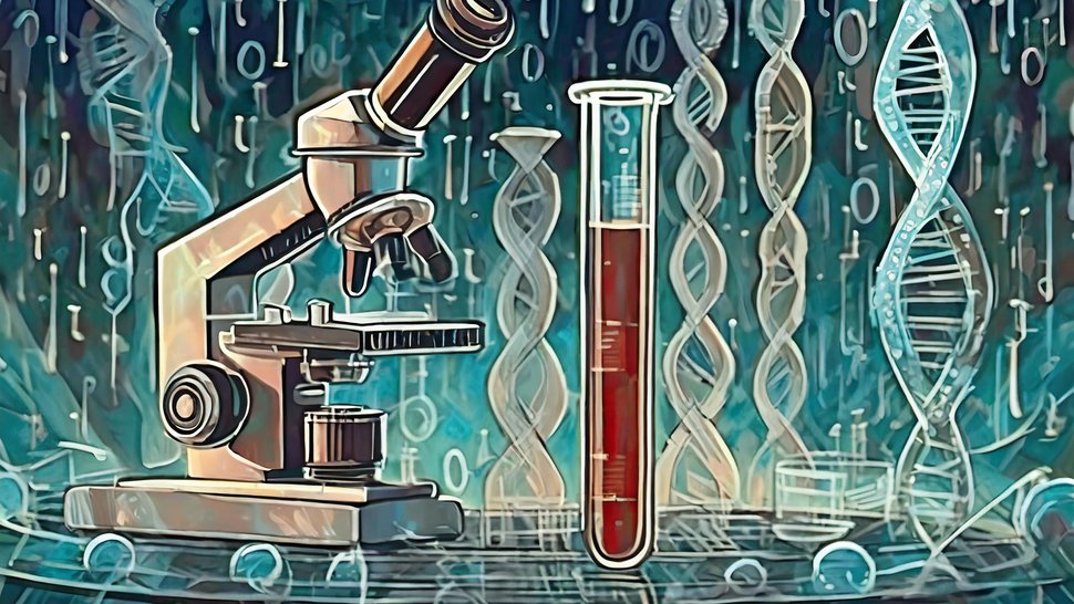 AI in biology and medicine Greenish graphic that visualises the topic of "AI in biology and medicine". It shows a microscope, a filled test tube and, in the background, DNA strands and binary codes with ones and zeros.