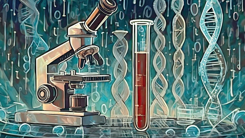 KI in Biologie und Medizin Grünliche Grafik, die das Thema "KI in Biologie und Medizin" visualisiert. Vorne links ein beiges Mikroskop, in der Mitte ein rötlich gefülltes Reagenzglas und im Hintergrund DNA-Stränge sowie Binärcodes mit Einsen und Nullen.