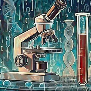 Grünliche Grafik, die das Thema "KI in Biologie und Medizin" visualisiert. Vorne links ein beiges Mikroskop, in der Mitte ein rötlich gefülltes Reagenzglas und im Hintergrund DNA-Stränge sowie Binärcodes mit Einsen und Nullen.