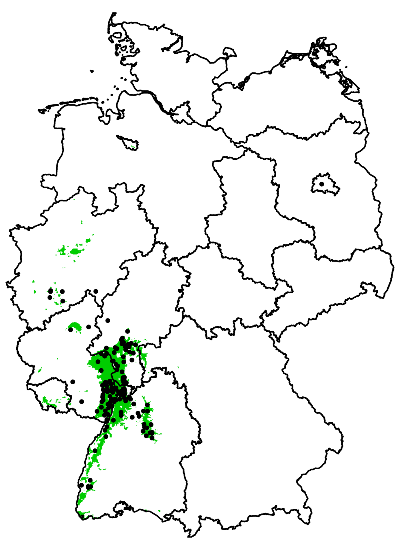 Das Bild zeigt die Usutu-Virus-Verbreitung auf einer Deutschlandkarte von 2011