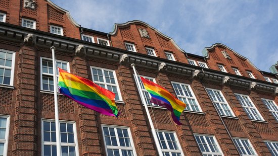 Zu sehen ist die Hafenseite des BNITM mit zwei Regenbogenflaggen davor