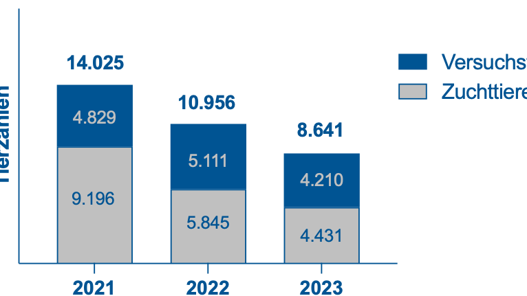 Versuchstierzahlen am BNITM Tierzahlen BNITM: ein Balkendiagramm mit der Balken, die die Tierzahlen von 2021 (4829 Versuchstiere, 9196 Zuchttiere, 14025 insgesamt), 2022 (5111 Versuchstiere, 5845 Zuchttiere, 10956 insgesamt) und 2023 (4210 Versuchstiere, 4431 Zuchttiere, 8641 insgesamt) zeigt.