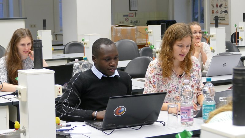 [Translate to English:] Eine Gruppe internationaler Studierender lösen Aufgaben an ihrem Laptop in einem Lernlabor.