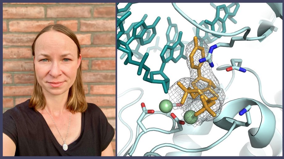 Kombo: Porträtfoto von Maria Rosenthal und Grafik "Hochdetaillierte Einblicke in die Bindung von potenziellen Wirkstoffen an virale Proteine"